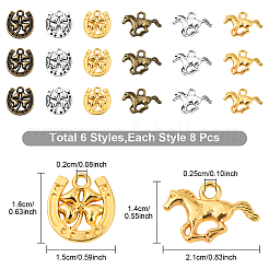 48pcs6スタイルチベットスタイルアロイペンダント  クローバーのチャームが付いた馬と蹄鉄  ミックスカラー  14~16x15~21x2mm  穴：2~2.5mm  8個/スタイル&nbsp;FIND-YW0007-25