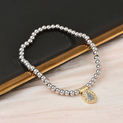 真鍮の楕円形チャームブレスレット  女性用真鍮ラウンドビーズストレッチブレスレット  ラックめっき  長持ちメッキ  鉛フリー＆カドミウムフリー  本物の金メッキと本物のプラチナメッキ  イエス  内径：1-7/8インチ（4.8cm）&nbsp;BJEW-B148-03A-02