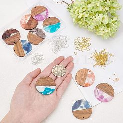 ツートンカラーのダングルイヤリングDIY製作キット  透明樹脂＆ウォールナットウッドペンダントを含む  フラットラウンド  真鍮のピアスフックと丸カン  ミックスカラー  ペンダント：10ピース/セット&nbsp;DIY-OC0008-04