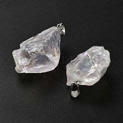 電気メッキされた天然水晶ペンダント  鉄製の金具が付いたナゲットチャーム  プラチナ  透明  31~42x18~35x8~33mm  穴：6.5x4.5mm&nbsp;G-Q481-20P-07