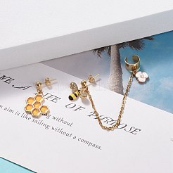 蜂とハニカム合金の非対称イヤリング、エナメル  304ステンレススチールスタッドピアス、ダングルチェーン付きイヤーカフクローラークライマー、女性用  ゴールドカラー  29~110mm  ピン：0.7mm  2個/セット&nbsp;EJEW-JE04887