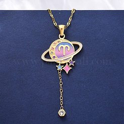 304 ステンレススチール ホットパールエナメル 星座 惑星 ペンダントネックレス  クリスタルラインストーン付き  ゴールドカラー  牡羊座  15.94インチ（40.5cm）&nbsp;NJEW-D310-01A-G