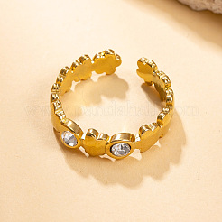 304ステンレススチールカフオープンリング  花  ラインストーン付き  ゴールドカラー  USサイズ 4 1/4(15mm)~20mm&nbsp;WGD6E8F-01
