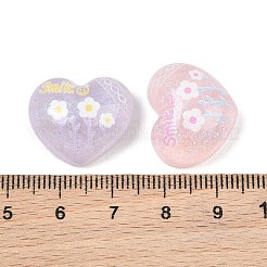 プリントされた透明樹脂とグリッターパウダーのカボション  「笑顔」と花が描かれたハート  ミックスカラー  17x20.5x10mm&nbsp;RE-CBA9CE8-06