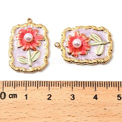 304ステンレススチールエナメルペンダント  ABSイミテーションパール付き  花のチャームが付いた長方形  ゴールドカラー  ショッキングピンク  25.5x18x5mm  穴：1.5mm&nbsp;STAS-Z145-11G-04