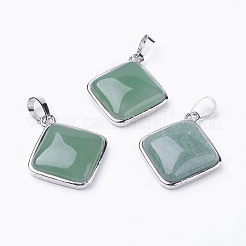 天然石グリーンアベンチュリンペンダント  真鍮パーツ  菱形  プラチナ  25x29x7mm  穴：5x7mm  18x18mm&nbsp;G-E420-06P