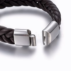 レザー編み込みコードブレスレット  304ステンレススチール製マグネット留め具  長方形  ココナッツブラウン  8-5/8インチ（22cm）  13x6mm&nbsp;BJEW-E345-14B-P