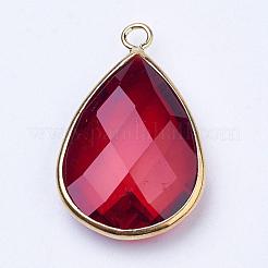 ゴールデントーン真鍮ガラスティアドロップペンダント  多面カット  暗赤色  18x10x5mm  穴：2mm&nbsp;GLAA-M006-A-09G