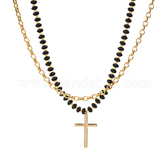 Stainless Steel Religion Cross Pendant Natural Gemstone Rondelle Beaded Double Layer Necklaces for Women&nbsp;PO2692-1