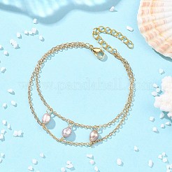 Brass Cable Chains & Rice Natural Cultured Freshwater Pearl Double Layers Bracelets for Women&nbsp;BJEW-JB14135-01