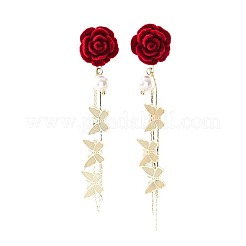 Rose with Butterfly Flocking Alloy Dangle Stud Earrings&nbsp;FS-WG3A5F5-01