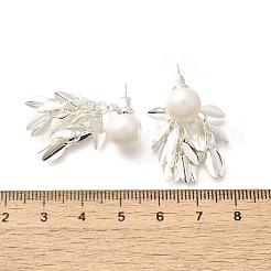 真鍮の葉のスタッドピアス  プラスチック模造パールと  銀  32x9.5mm&nbsp;LS-EJEW-A121-11S