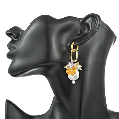 Natural Nucleated Baroque Keshi Pearl & Brass & 202 Stainless Steel & Glass Hoop Dangle Earrings&nbsp;EJEW-JE07262