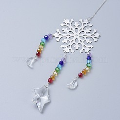 クリスタルシャンデリアサンキャッチャープリズムチャクラハンギングペンダント  鉄アズキチェーンを有する  ガラスビーズと真鍮ペンダント  スノーフレーク＆ムーン＆スター  透明  505mm&nbsp;AJEW-I040-07P