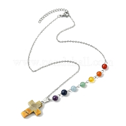 Chakra Natural Mixed Gemstone Religion Cross Pendant 304 Stainless Steel Cable Chain Necklaces for Women&nbsp;NJEW-JN06268