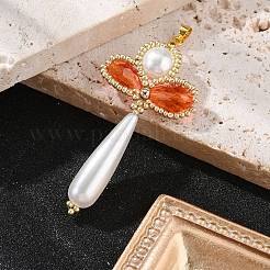 ガラスパールの大きなペンダント  アクリル、シードビーズ、金色の真鍮の金具付き  クロス  レッド  68x31x10mm  穴：4x4mm&nbsp;PALLOY-MZ00384-01