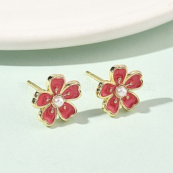 Flower Brass & ABS Plastic Pearl Stud Earrings&nbsp;EJEW-P336-07G-02