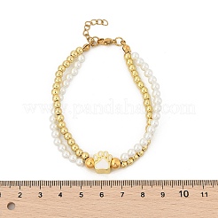 真鍮マルチ連ブレスレット  女性用エナメルチャームブレスレット  足跡  イオンプレーティング（ip）  18KGP本金メッキ  プラスチックパールと304ステンレススチールのカニカン付き  ホワイト  7-1/4インチ（18.3cm）&nbsp;BJEW-M056-09G-05
