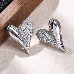 真鍮クリアキュービックジルコニアスタッドピアス  ハート  プラチナ  23.5x20.5mm&nbsp;EJEW-Q014-37P