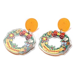 クリスマス アクリル ダングル スタッド イヤリング、304 ステンレス ピン付き、女性用  クリスマスリース  50x38mm&nbsp;EJEW-D060-01D