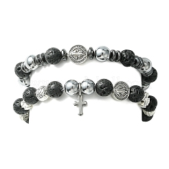 2Pcs 2 Style Natural Lava Rock & Alloy Saint Benedict Medal Beaded Stretch Bracelets Set&nbsp;BJEW-JB09635
