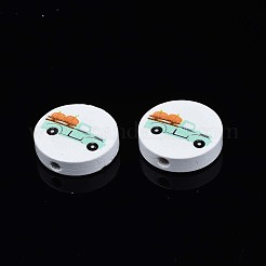 秋のテーマプリント天然木ビーズ  トラックとカボチャの模様でフラットラウンド  ホワイト  19~20x5.9mm  穴：2~2.2mm&nbsp;WOOD-T021-100