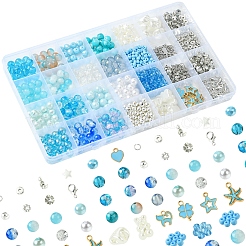 DIY 丸型ガラス & CCB プラスチックビーズ ブレスレット作成キット  空色  8~19x4~12x2.5~8mm  穴：1~2.3mm&nbsp;DIY-FS0007-56A