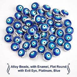 合金ビーズ  エナメル  ナザールボンジュウ付きフラットラウンド  プラチナ  ブルー  10x6mm  穴：1.2mm  40~50個/箱&nbsp;ENAM-NB0001-09P