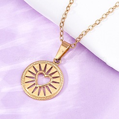 Flat Round with Heart 304 Stainless Steel Pendant Necklaces&nbsp;NJEW-H059-15G