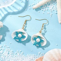 シェル型 304 ステンレススチール ダングルイヤリング  シェルペンダント、シリンダーシードビーズ、シェルパールビーズ付き  ミックスカラー  46x25mm&nbsp;EJEW-MZ00376