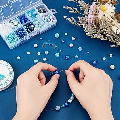 DIY惑星ブレスレット作りキット  ラウンド＆ハート＆スター＆ラウンドアクリル＆absプラスチックビーズを含む  ムーン＆スターアロイエナメルペンダント  ブルー  ペンダント：8ピース/セット&nbsp;DIY-NB0007-22