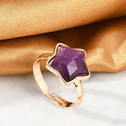 星形の天然宝石を使用した調節可能な指輪  女性用合金指輪  ゴールドカラー  内径：18mm&nbsp;RJEW-H241-01G-03-01