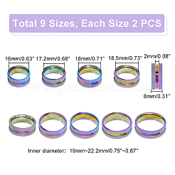 18個 9サイズ 201 ステンレススチール 溝付き指輪セット メンズ レディース  虹色  内径：16~22.2mm  ワイド：8mm  2pcs /サイズ&nbsp;STAS-UN0045-59A-M