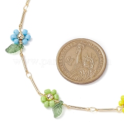 虹色のガラスビーズの花のネックレス  真鍮バーリンクネックレス  ゴールドカラー  カラフル  16.14インチ（41cm）&nbsp;X1-NJEW-TA00173-01