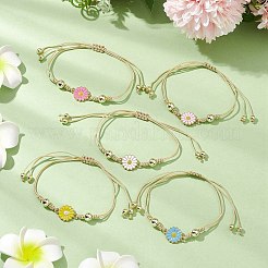 調節可能なナイロン編みビーズの重ね付け可能な女性用ブレスレット  亜鉛合金エナメルひまわりチャームと電気メッキ非磁性合成ヘマタイトビーズ付き  ミックスカラー  内径：3/8~3-1/4インチ（1.1cm）&nbsp;BJEW-JB111344