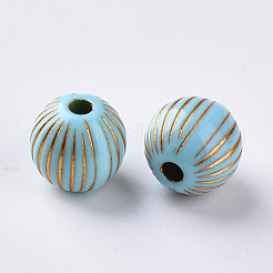 メッキアクリルビーズ  ゴールドライン入り  ラウンド  ダークターコイズ  11.5mm  穴：2.5mm&nbsp;X-OACR-S029-101