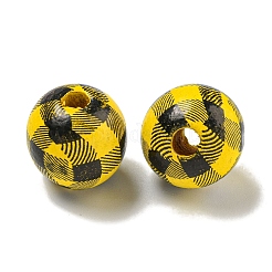 プリントウッドヨーロピアンビーズ  タータン模様のラウンド  ゴールド  15.5~16mm  穴：4~4.5mm&nbsp;WOOD-G022-13F