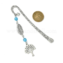 Tree of Life Feather Tibetan Style Alloy Pendant Bookmark with Cat Eye&nbsp;AJEW-JK00277-01