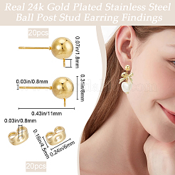 304ステンレススチール製ラウンドポストスタッドピアス金具20個  水平ループとイヤーナット/ピアスバックキャッチ付き  24KGP本金メッキ  11mm  穴：1.8mm  ピン：0.8mm&nbsp;STAS-BBC0004-76