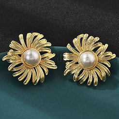 Brass ABS Plastic Imitation Pearl Flower Stud Earrings&nbsp;EJEW-S258-01G