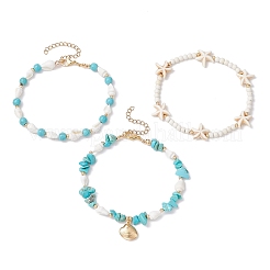3Pcs 3 Styles Starfish Synthetic Magnesite & Turquoise Beaded Anklets&nbsp;AJEW-TA00030