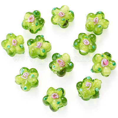 10個の手作りランプワークビーズ  バンピー  花  黄緑  13.5~14x14.5~15x7~8mm  穴：1.4mm&nbsp;LAMP-TADJ0001-01H-1