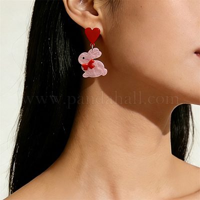イースターアクリルダングルスタッドピアス  兎  ピンク  52x26~36mm&nbsp;FS-WG53F52-01-1