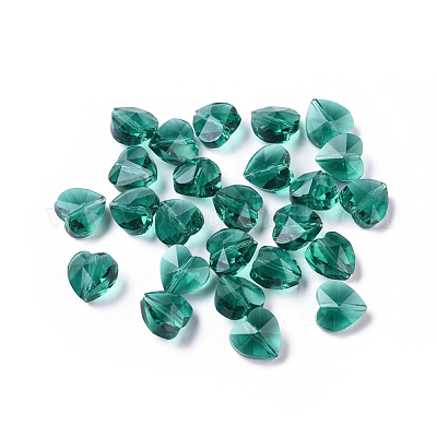 透明ガラスビーズ  多面カット  ハート  ティール  10x10x7mm  穴：1~1.2mm&nbsp;GLAA-K002-07A-11-1