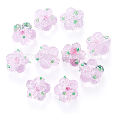 10個の手作りランプワークビーズ  バンピー  花  ピンク  13.5~14x14.5~15x7~8mm  穴：1.4mm&nbsp;LAMP-TADJ0001-01J-1