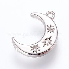 Brass Charms, Cadmium Free & Lead Free, with Cubic Zirconia, Moon, Platinum, 16x10x2mm, Hole: 1.2~1.5mm