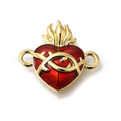 Brass Enamel Sacred Heart of Jesus Links Connector Charms, Cadmium Free & Lead Free, Real 16K Gold Plated, FireBrick, 14.5x16x3.5mm, Hole: 1.8mm