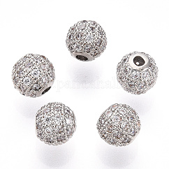 Rack Plating Brass Cubic Zirconia Beads, Long-Lasting Plated, Cadmium Free & Lead Free, Round, Platinum, 6x6mm, Hole: 1.5mm