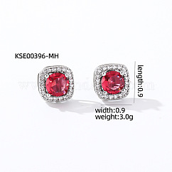 Elegant Zircon Square Stud Earrings for Women, Fashionable and Versatile, Square, Silver, Crimson, 9x9mm