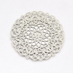 真鍮大きな花のフィリグリーパーツ  カドミウムフリー＆鉛フリー  プラチナ  69x1mm  穴：3mm&nbsp;KK-L056-01P